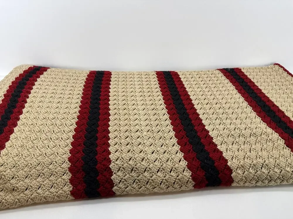Handmade Crochet Blanket - Heavy Weight - Cream/Red/Black